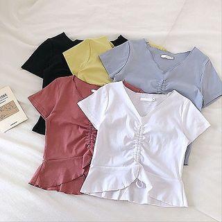 Plain V-neck Drawcord Ruffled-trim Short-sleeve Top