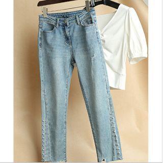 High Waist Beaded Cropped Skinny Jeans