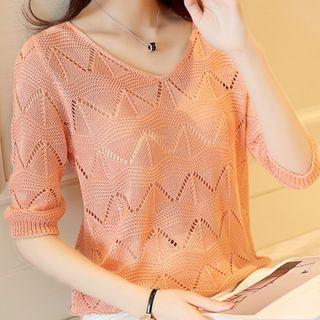 Pointelle Knit V-neck Elbow-sleeve Sweater
