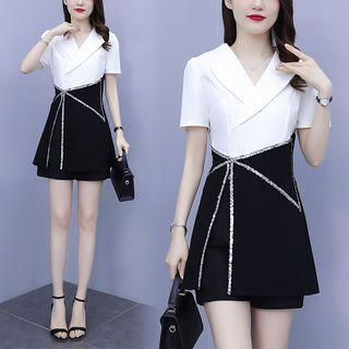 Set: Short-sleeve Sequined Trim A-line Dress + Shorts