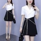 Set: Short-sleeve Sequined Trim A-line Dress + Shorts