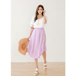 Band-waist Asymmetric Frill-hem Long Skirt