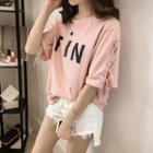 Lace-up Elbow-sleeve Printed T-shirt