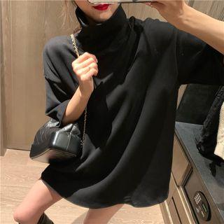 Mock-turtleneck Elbow-sleeve T-shirt