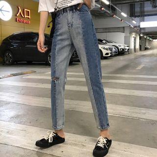 Straight Fit Paneled Ripped Jeans