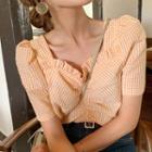 Check V-neck Puff-sleeve Blouse Orange - One Size