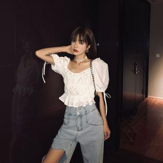 Lace Trim Tie-cuff Short-sleeve Cropped Blouse