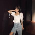 Lace Trim Tie-cuff Short-sleeve Cropped Blouse