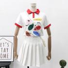 Printed Polo Shirt / Pleated Mini Skirt