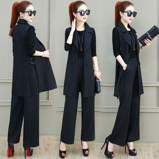 Set: Pinstriped Long Vest + Wide Leg Pants + Long-sleeve Top