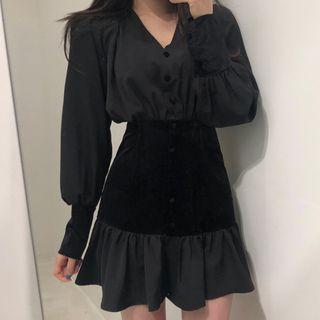Lantern-sleeve Ruffle Hem A-line Mini Dress