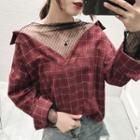 Mock Two-piece Mesh Panel Plaid Shirt Red - One Size