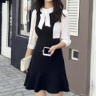 Mock Two Piece Bow Accent 3/4 Sleeve Dress