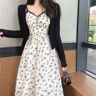 Cardigan / Spaghetti Strap Floral Print Midi A-line Dress