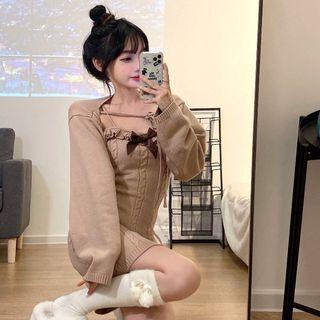Set: Spaghetti Strap Knit Dress + Crop Sweater