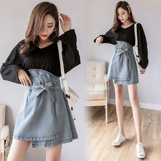 Sashed Denim A-line Skirt