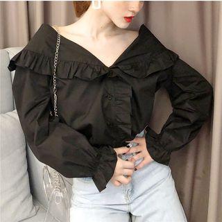 Ruffle Trim V-neck Long Sleeve Blouse