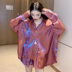 Long-sleeve Glitter Shirt / High-waist Glitter Split Hem Pants