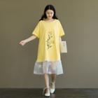 Organza Hem Embroidered Short-sleeve Midi T-shirt Dress