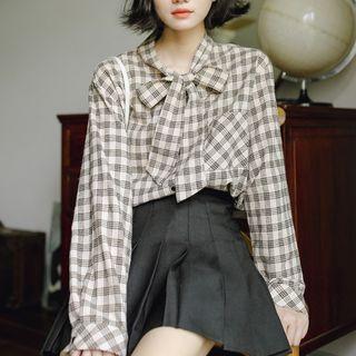 Bow Accent Plaid Shirt Plaid - Khaki - One Size