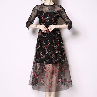 3/4-sleeve Sheer Embroidered A-line Midi Dress