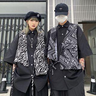 Mock Two-piece Short-sleeve Print Panel Shirt