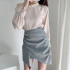 One-shoulder Lantern-sleeve Blouse / Irregular Hem Mini Skirt