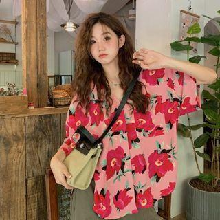 Short-sleeve Floral Print Hawaiian Shirt Pink - One Size