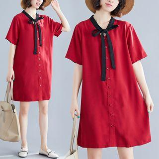 Bow Neck Short-sleeve Shirt Chiffon Dress