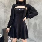 Spaghetti Strap Embroidered Mini Dress / Mock-neck Shrug
