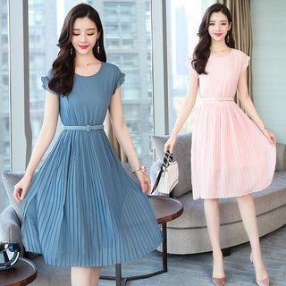 Short-sleeve Pleated Chiffon A-line Dress