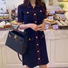 Short-sleeve Polo-neck Contrast Trim Knit Dress