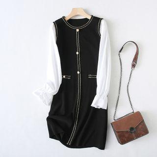 Mock Two-piece Long-sleeve Buttoned Knit A-line Dress Black & White - One Size