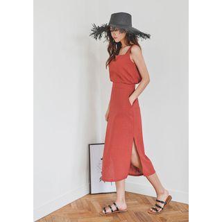 Set: Sleeveless Linen Blend Top + Band-waist Midi Skirt