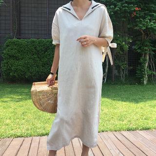 Sailor-collar Bow Accent-sleeve Linen Maxi Dress