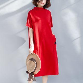 Embroidered Short-sleeve Mock-neck Dress