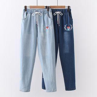 Elastic Waist Fox Embroidered Jeans