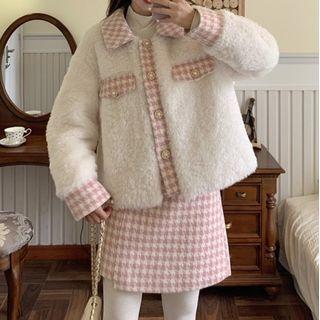Houndstooth Fleece Jacket / Mini A-line Skirt / Tights