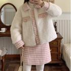Houndstooth Fleece Jacket / Mini A-line Skirt / Tights