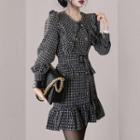 Long-sleeve Plaid Tweed Ruffle Trim A-line Mini Dress