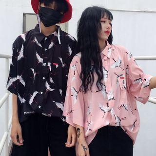 Couple Matching Elbow-sleeve Crane Print Blouse