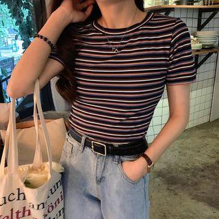 Rainbow Striped Knit Short-sleeve Top