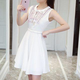 Embroidered Tie-waist Sleeveless A-line Dress