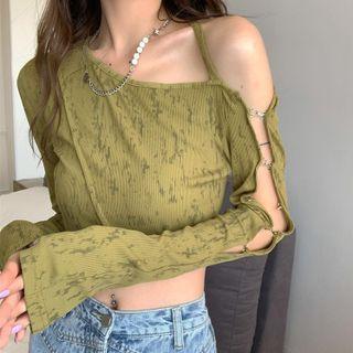 Long-sleeve Cutout Off-shoulder T-shirt Green - One Size