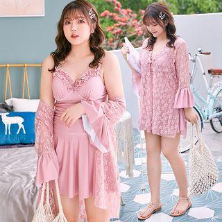 Set: Sleeveless Frill-trim Swim Dress + Light Jacket
