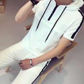 Set: Short-sleeve Contrast Trim Hoodie + Sweatpants