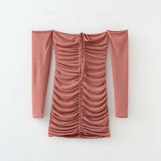 Long-sleeve Off-shoulder Drawstring Dress
