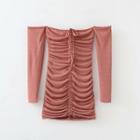 Long-sleeve Off-shoulder Drawstring Dress