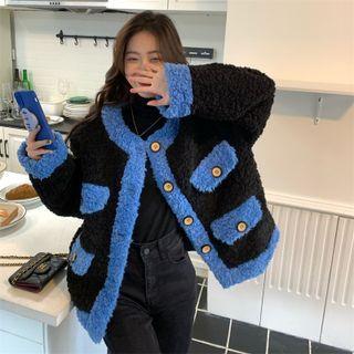 Contrast Trim Fleece Button Jacket Blue - One Size
