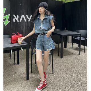 Padded-shoulder Denim Vest / Distressed Denim Shorts